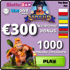 SlottoJam 300 EURO Welcome Bonus and 1000 euro Monday Cashback are on photo.