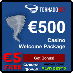 TornadoBet Welcome Bonus and 5 EUR free bonus in TornadoBet is on photo.