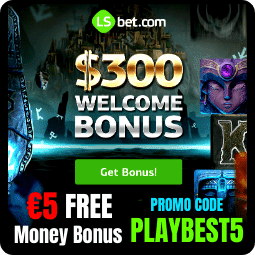 LSbet Casino €300 Welcome Bonus and €5 Free Money Bonus are on photo.