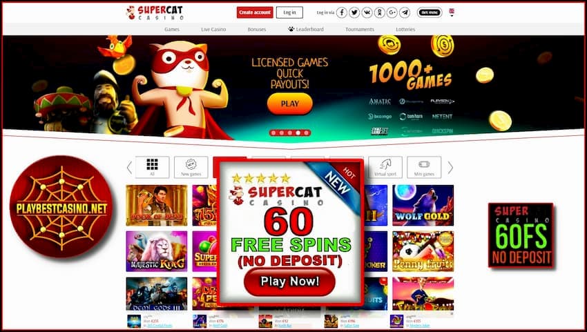 Super Cat 賭場（紅框）60 Spins No Deposit 在照片上。