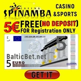 SPINAMBA Casino 5€ No Deposit Bonus BalticBet.net is on photo.