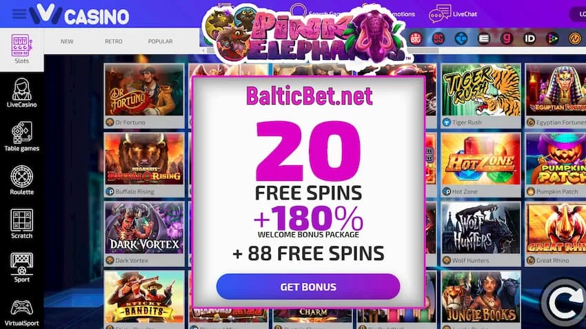 20 Free Spins and 180 Deposit Bonus in Ivi Casino for BalticBet.net are on this image.