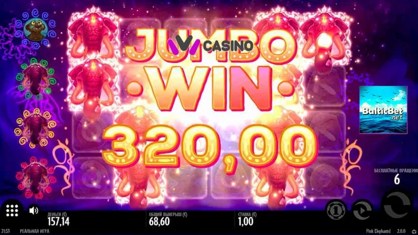 Ivi Casino Jambo Win Pink Elephants Slot Thunderkick by BaltiBet.net can be seen on this image.