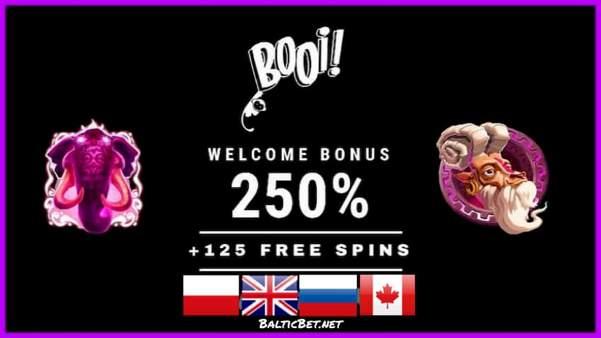 Booi Casino - Adolygiad, Bonws 250% a 125 Troelli fel Rhodd yn y llun!