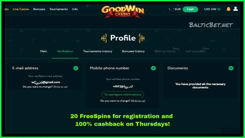 Верификация в казино Goodwin есть на фото.