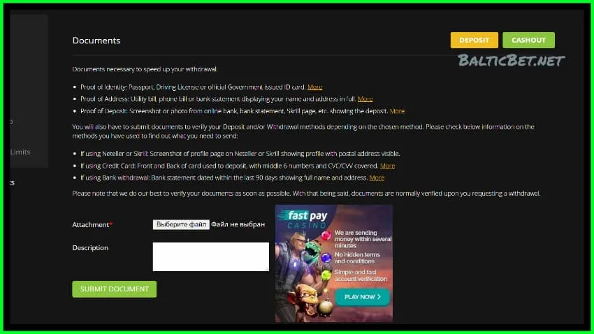 Верификация в казинос моментальными выплатами Fastpay есть на фото.
