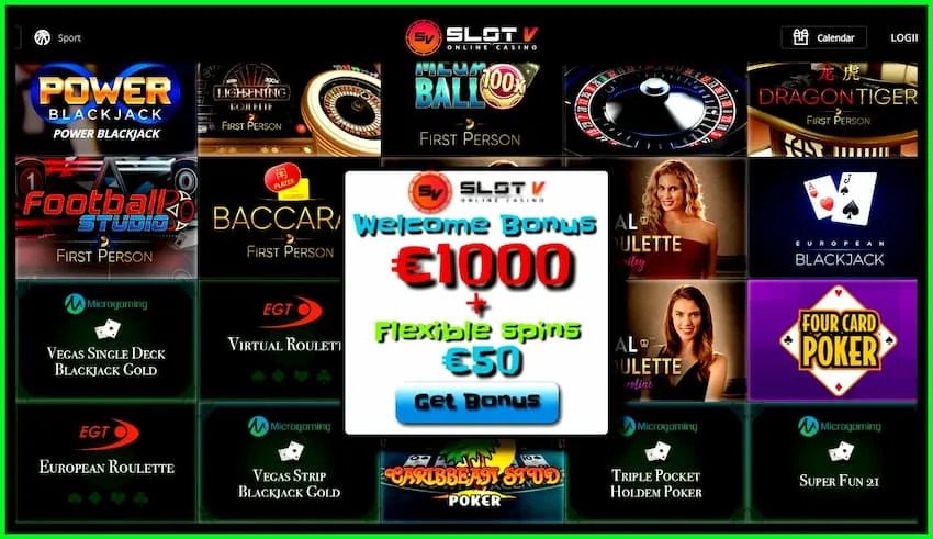 sealladh farsaing SlotV Casino (2024): Tha spins sùbailte agus bònas € 1000 san dealbh.