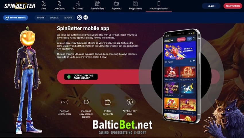 Скачай приложение, и получи бонусы в мобильном казино Spinbetter на фото.