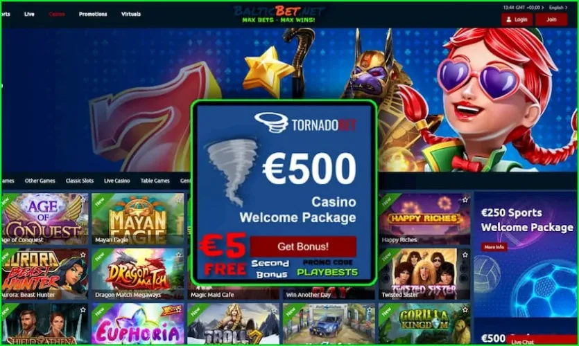 TornadoBet Casino 2024 - Reseña, bonificación e 5 € de agasallo na foto.