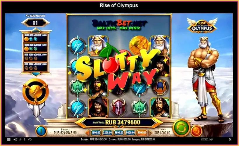 Огромный выигрыш в игре Rise of Olympus в казино SlottyWay есть на фото.