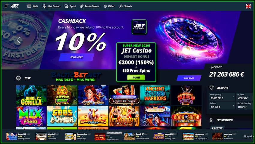 Cashback 10% eltse moandei op it casino JET stiet op de foto.