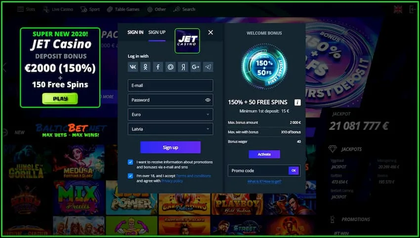 Регистрация и Бонус €2000 в JET Casino есть на фото.