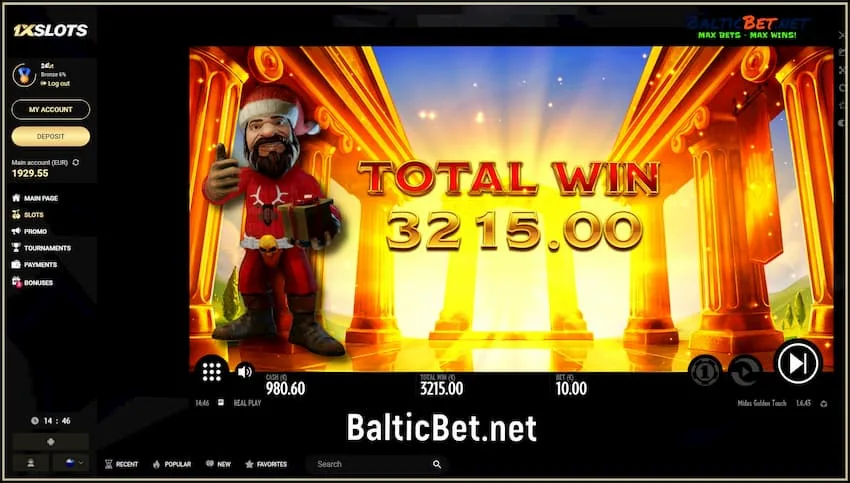 Большой Выигрыш Более 3000 Евро в слоте Midas Golden Touch (Thunderkick) в казино 1xSlots есть на фото.