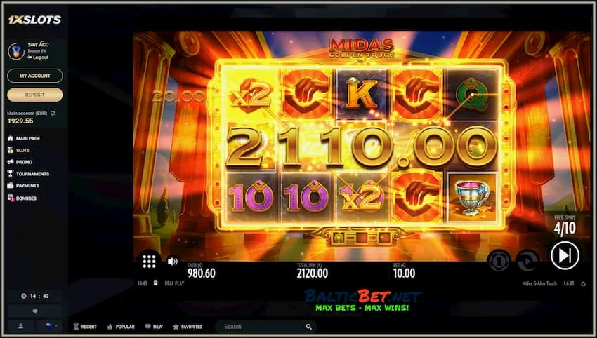 Большой Выигрыш Более 2000 Евро в слоте Midas Golden Touch (Thunderkick) в казино 1xSlots есть на фото.