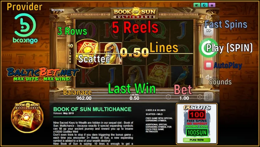 Как устроен игровой автомат Book of SUN Multichance и Бесплатные Вращения в 1xSLOTS есть на фото.