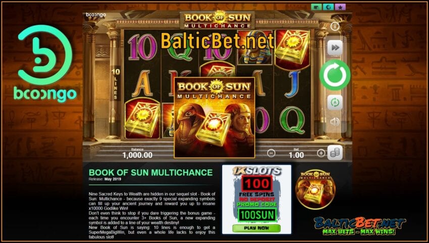 100 Бесплатных Вращений в слоте Book of Sun Multichance Без Депозита в казино 1xSlots есть на фото.
