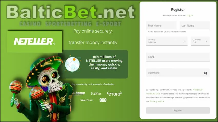 Создайтие аккаунта в сети Neteller включает установку надежного пароля на сайте BalticBet.net на фото есть