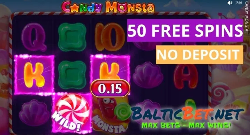 Зарегистрируйтесь в LEGZO Casino, играйте в игру Candy Monstra и получите 100 бесплатных вращений без депозита, используя бонусный код PLAYBEST на фото.