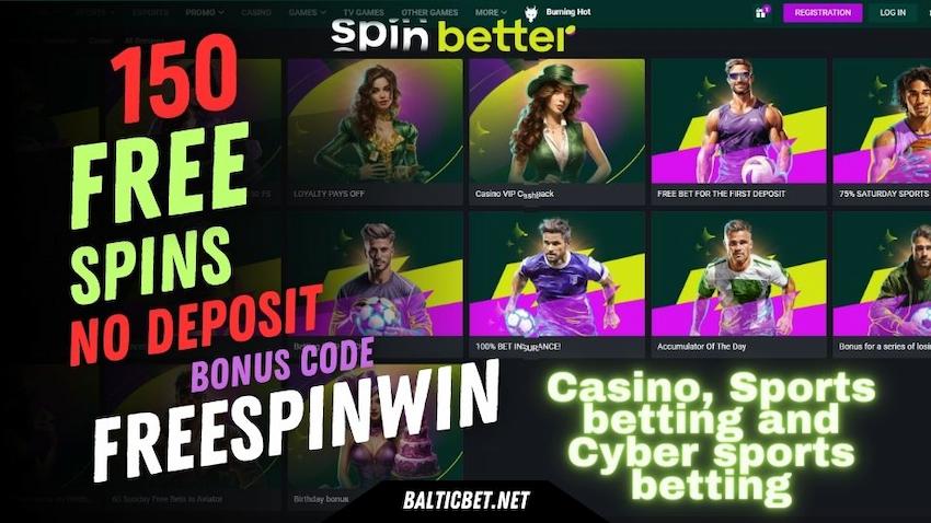 150 бесплатных вращений без депозита с промо кодом FREESPINWIN в казино Spinbetter изображено на фото.