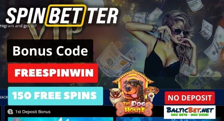 Присоединяйтесь к слоту Dog House в Spinbetter Casino, где дают 50 бесплатных вращений с бонусным кодом FREESPINWIN на фото.