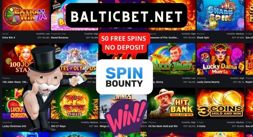 50 вращений без депозита за регистрацию в казино SpinBounty для новых игроков на фото.