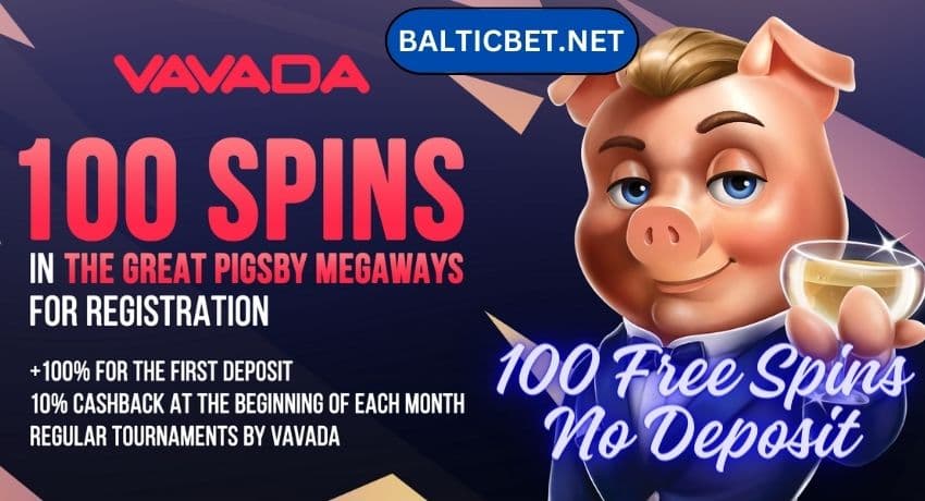 Порасенок Great Pigsby счастливо улыбается, держа в руках символический чек с надписью "100 бесплатных вращений в казино Vavada