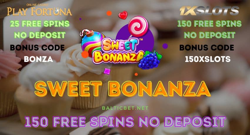 Получи 150 бесплатных вращений без депозита в слоте Sweet Bonanza, если ты новый игрок в казино на фото.
