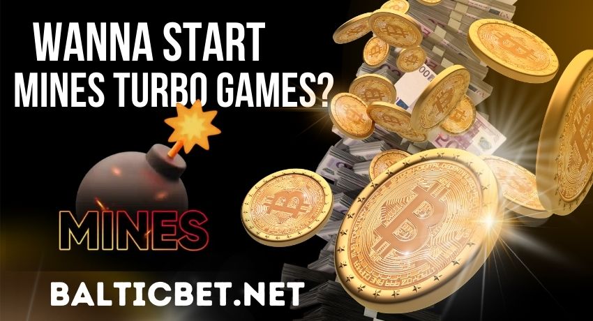 Логотип игры Mines Turbo Games и золотые монеты биткойн в казино на фото.